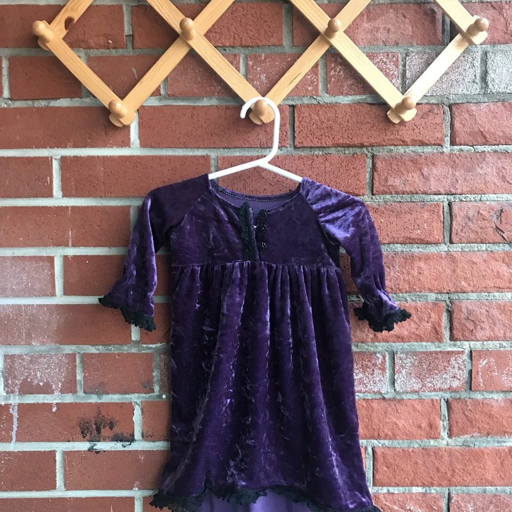 Vintage Purple Velvet Baby Dress Hi-Lo Skirt Black Lace Trim 12-18M
